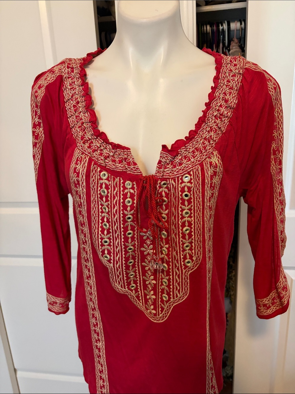 INC International Concepts Red Embroidered Peasant Tunic - Picture 3 of 8